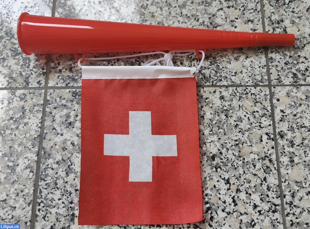 Bild 1: Schweiz Trompete mit Flagge, Tröte Hopp Schwiiz, Fan Accessoire