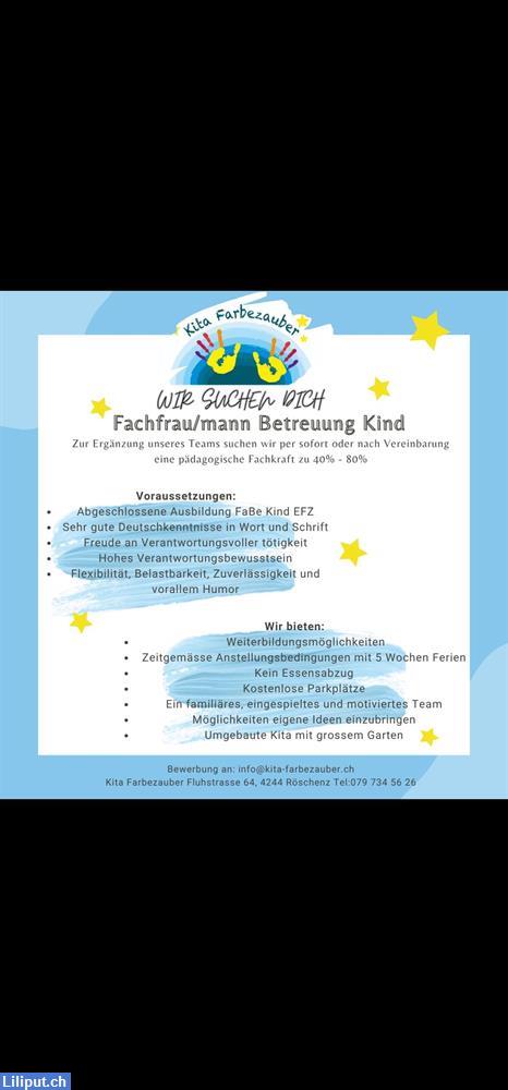 Bild 1: Kita Farbezauber sucht Fachfrau/mann Betreuung Kind 40%-80%