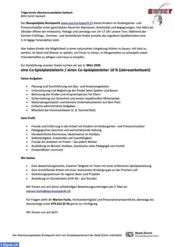 Bild 1: Co-Spielplatzleiter:in gesucht 10% in Zürich-Seebach