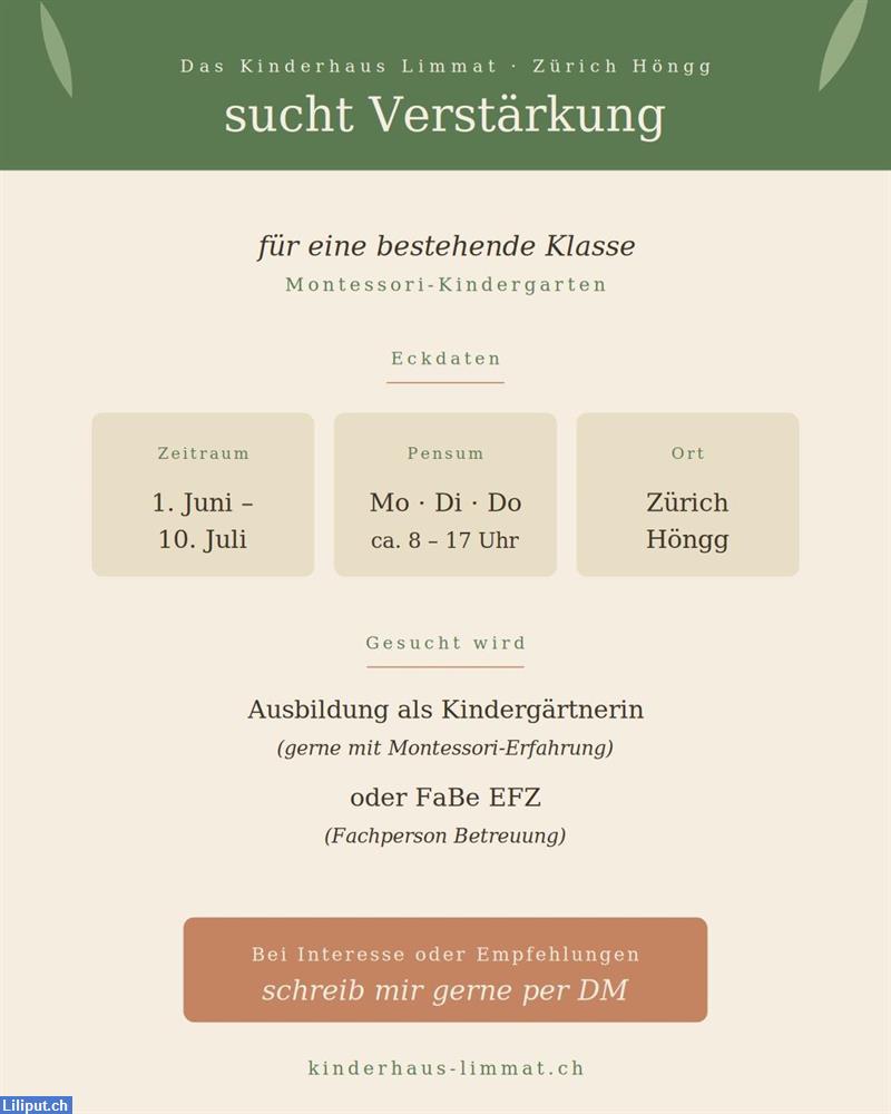 Bild 1: Kinderhaus in Zürich sucht Aushilfe Klassenassistenz für 6 Wochen