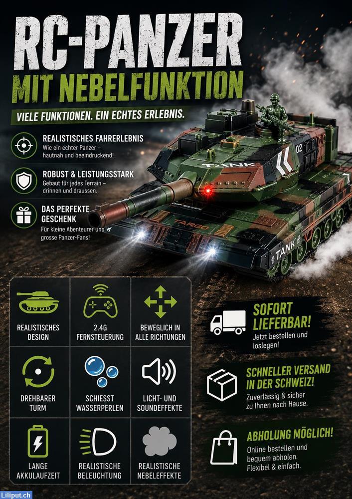 Bild 1: Fernsteuerbarer RC Panzer 1:24 mit Wasserbomben, Nebeleffekt & Licht