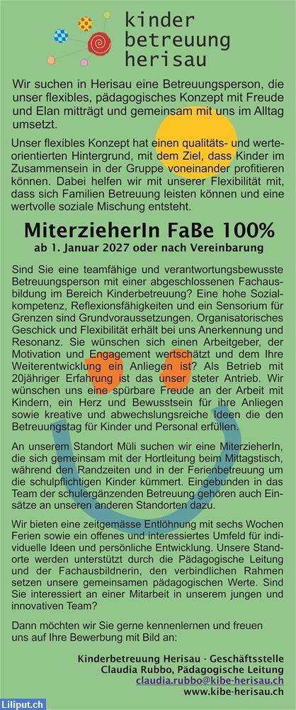 Bild 1: Kinderbetreuung Herisau sucht MiterzieherIn FaBe 100% ab 1. Januar 2027